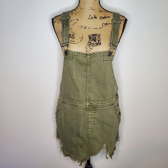 FREE PEOPLE “Torn Up” Denim Jumper Washed Olive Green Overalls Size 6 - Picture 2 of 12